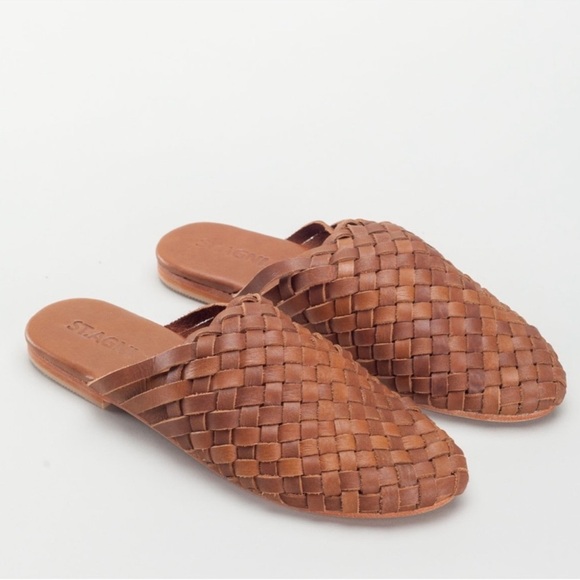 NWOB St. Agni Paris Leather Woven Almond Toe Slip-On Mules Vintage Tan Sz 36 5.5 - Picture 1 of 15